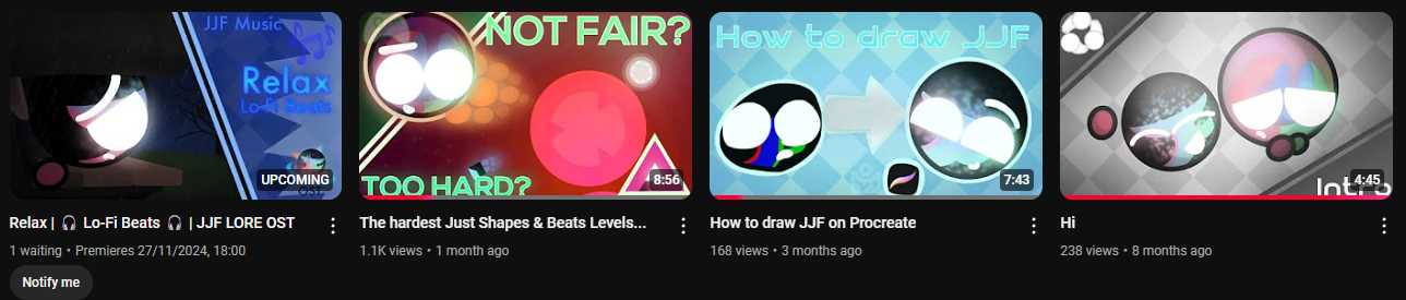 Screenshot of the first four videos with Relax being an upcoming video